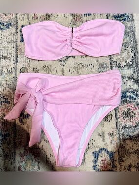 SHEIN Pink Ribbed Bandeau Bikini Set